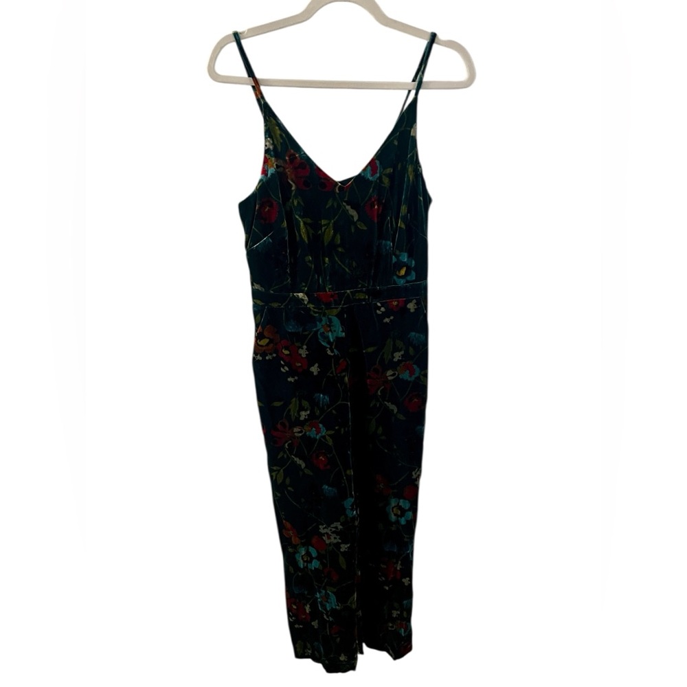 LOFT velvet dark green spaghetti strap wide leg floral jumpsuit
